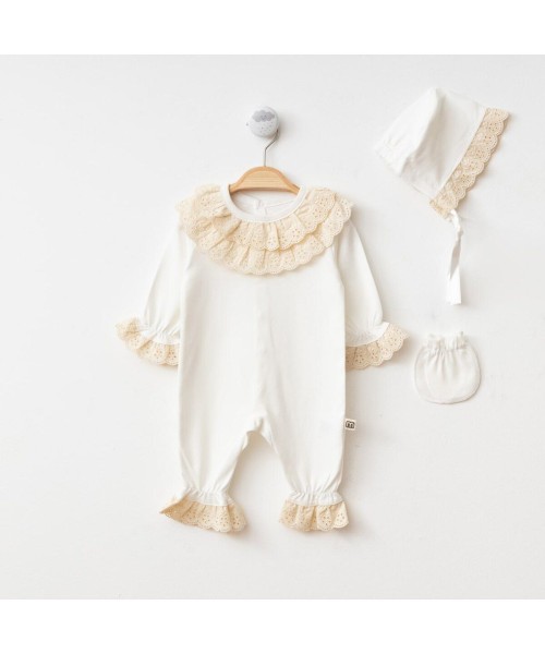 Yenidoğan Kız Bebek Hastane Çıkışı Dantel Güpür Detay Tulum Şapka Eldiven Takım Özel Gün Mevlid Seti