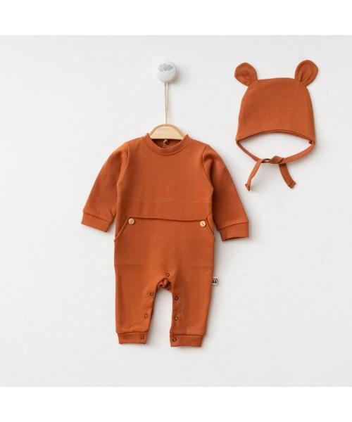 Yeni Doğan Kız ve Erkek Bebek Sevimli Ayıcık Şapka Tasarım Pamuklu Tulum Hastane Çıkışı Mevlüt Hediye (Kiremit)