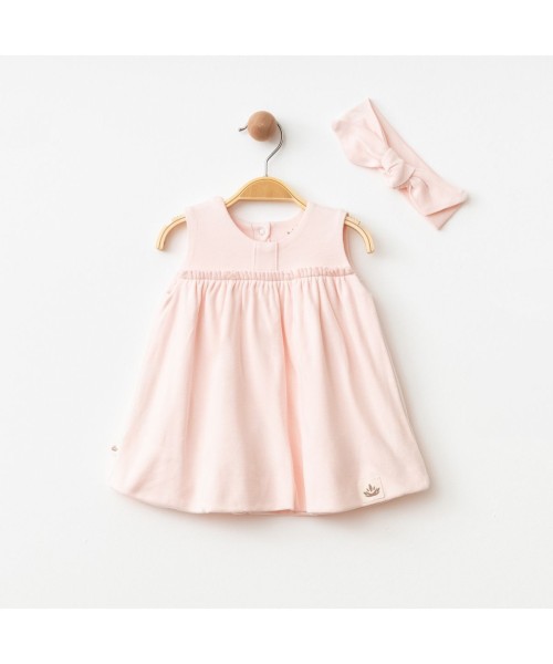 Kız Bebek Pamuklu Elbise Askılı Saç Bantlı Çıtçıt Detaylı Prenses Model Elbise Bebek Takımı