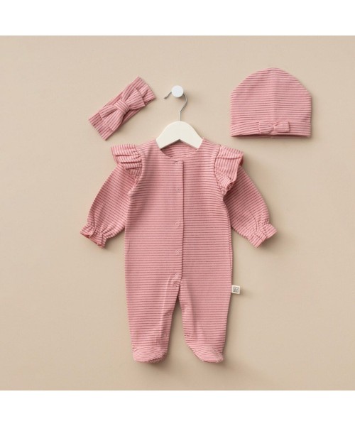 Yeni Doğan Kız Bebek Sim Çizgili 3lü Hastane Çıkış Seti Pamuklu Tulum, Şapka ve Saç Bandı (Gül Kurusu)