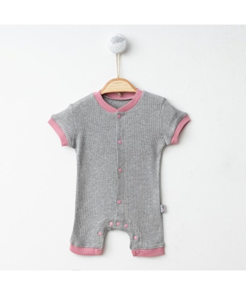 Yeni Doğan Kız Bebek Yazlık Kısa Şort Tulum Önden Çıtçıtlı Kısa Kollu Bebek Tulum (Gri Pembe)