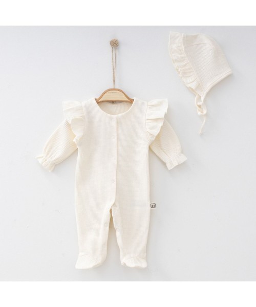 Helen Kız Bebek Yeni Doğan Waffle Dokulu Lora Şapkalı Pamuklu Tulum Hastane Çıkışı Özel Gün Hediye (Naturel)