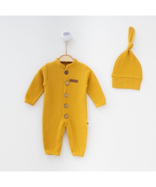 Yenidoğan Kız-erkek Bebek Waffle Düğmeli Tulum Ve Şapka Takım Yeni Doğan Bebek Hastane Çıkışı Hardal