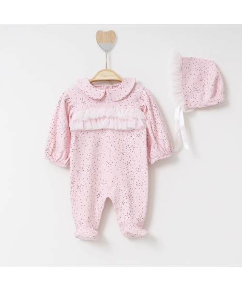 Yeni Doğan Kız Bebek Pamuklu Tulum Hastane Çıkışı Lora Şapkalı Tül Detaylı Patikli Set (Pembe)