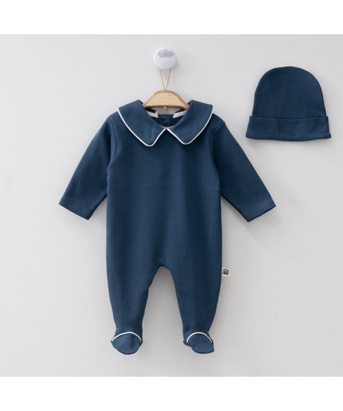 Yeni Doğan Pamuklu Erkek Bebek Biye Detaylı Bebe Yakalı Patikli Tulum Ve Şapka Takım 0-6 Ay