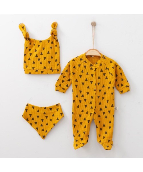 Yeni Doğan Kız ve Erkek Bebek Pamuklu Waffle Tulum Hastane Çıkışı (Hardal)