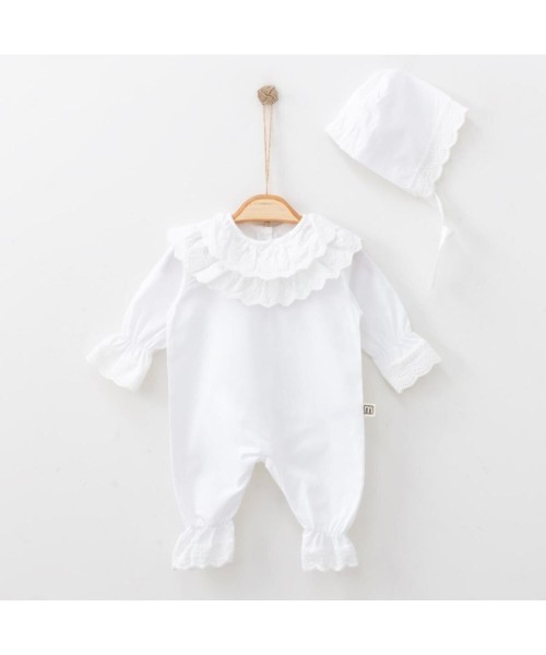 Rosa Kız Bebek Yeni Doğan Lora Şapkalı Dokuma Tulum Set Pamuklu Hastane Çıkışı (Ekru)