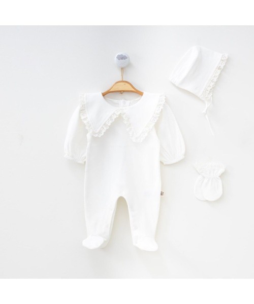 Yenidoğan Kız Bebek Lora Şapkalı Dantel Detaylı Patikli Ve Eldivenli Tulum Yeni Doğan Bebek