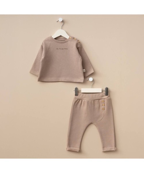 Yeni Doğan Kız ve Erkek Bebek Pamuklu Düğme Detaylı Alt Üst Spor 2li Takım (Kahve)