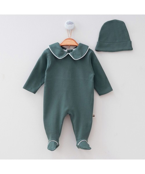 Yeni Doğan Pamuklu Kız Ve Erkek Bebek Biye Detaylı Bebe Yakalı Patikli Tulum Ve Şapka Takımı 0-6 Ay