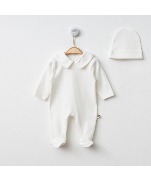 Yeni Doğan Pamuklu Kız Ve Erkek Bebek Biye Detaylı Bebe Yakalı Patikli Tulum Ve Şapka Takımı 0-6 Ay