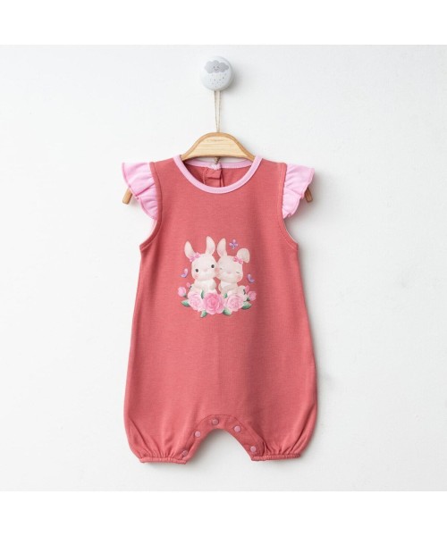 Yenidoğan Kız Bebek Yazlık Kısa Şort Penye Tulum Eğlenceli Baskılı Sırt Detayı Çıtçıtlı Askılı Tulum