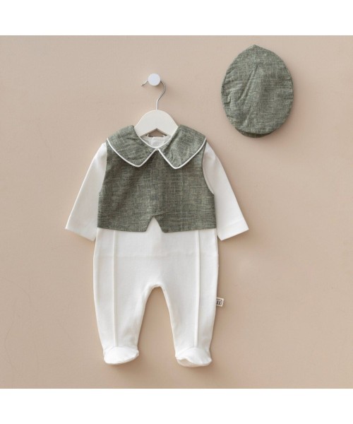 Yeni Doğan Erkek Bebek Özel Gün Tulum Takım Şapkalı, Pamuklu, Yelekli 3lü Set Hastane Çıkışı (Haki)