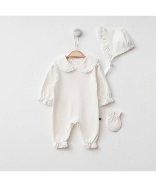 Yeni Doğan Kız Bebek Pamuklu Tulum Hastane Çıkışı Dantel Detaylı Özel Gün Takım Mevlüt Hediye (Ekru)