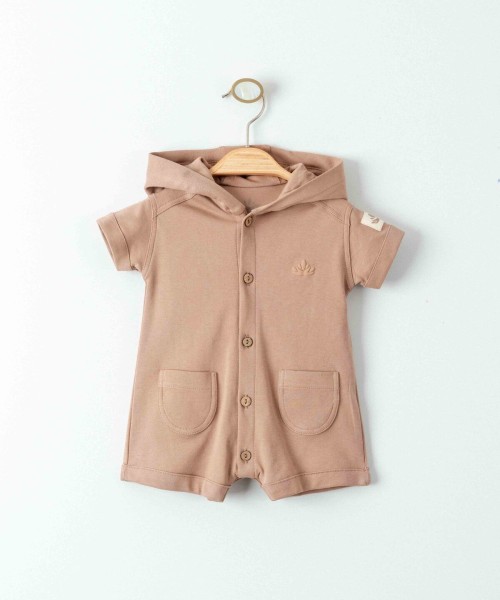 Yenidoğan Bebek Unisex Organik Pamuk Kapüşonlu Yazlık Tulum Takım Kısa Kollu Cep Detaylı Bebek Takım