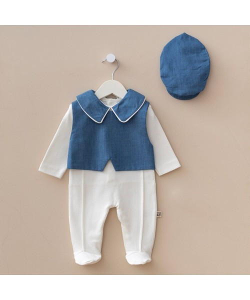 Yeni Doğan Erkek Bebek Özel Gün Tulum Takım Şapkalı, Pamuklu, Yelekli 3lü Set Hastane Çıkışı (Mavi)