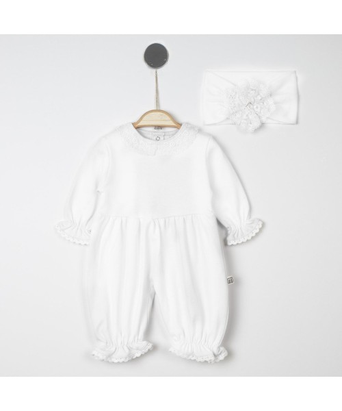 Yenidoğan Kız Bebek Hastane Çıkışı %100 Pamuk Dantel Yakalı Bandanalı Şalvar Kesim Tulum Takımı