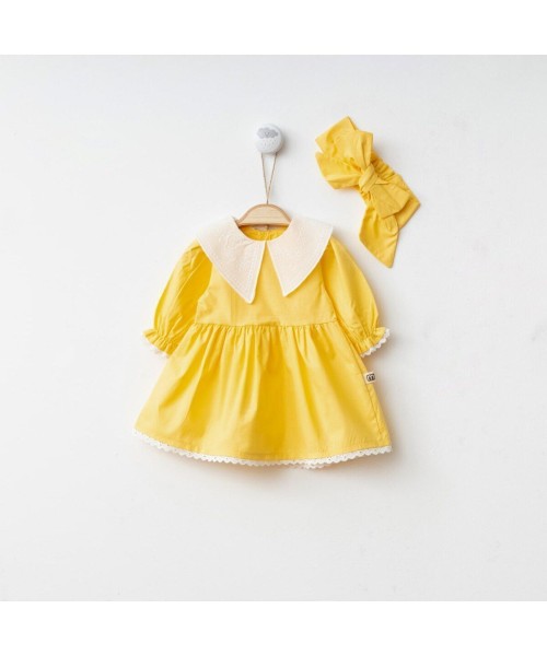 Yenidoğan Kız Bebek Daisy Pamuklu Elbise Üçgen Yaka Saç Bantlı Güpürlü Dokuma Bebek Elbise Takımı