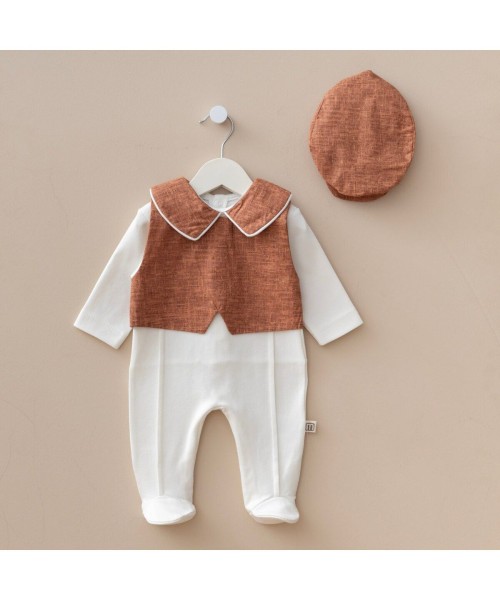 Yeni Doğan Erkek Bebek Özel Gün Tulum Takım Şapkalı, Pamuklu, Yelekli 3lü Set Hastane Çıkışı (Tarçın)