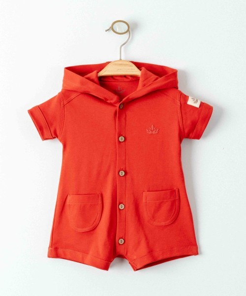 Yenidoğan Bebek Unisex Organik Pamuk Kapüşonlu Yazlık Tulum Takım Kısa Kollu Cep Detaylı Bebek Takım