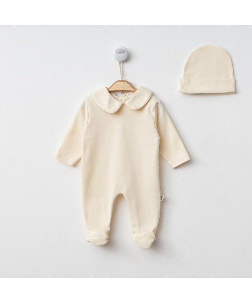 Yeni Doğan Pamuklu Kız Ve Erkek Bebek Biye Detaylı Bebe Yakalı Patikli Tulum Ve Şapka Takımı 0-6 Ay