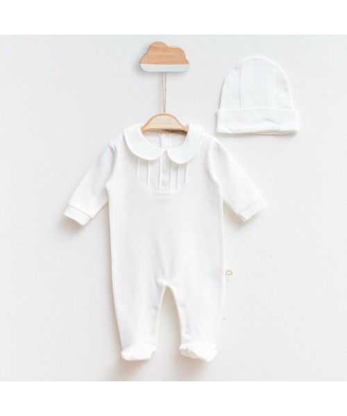 Yeni Doğan Erkek Bebek Pamuklu Hastane Çıkışı Nervür Detaylı Tulum Set Mevlüt Özel Gün (Ekru)