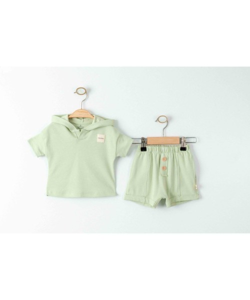 Yenidoğan Unisex Organik Bebek Takımı Kapüşonlu Pamuklu Kısa Kollu Şortlu Alt Üst 2