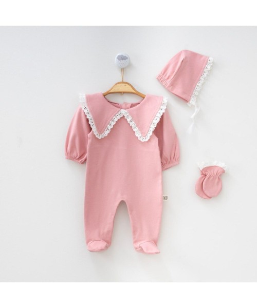 Yenidoğan Kız Bebek Lora Şapkalı Dantel Detaylı Patikli Ve Eldivenli Tulum Yeni Doğan Bebek