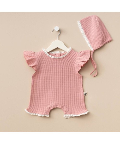 Liona Kız Bebek Yeni Doğan Pamuklu Lora Şapkalı Waffle Dokulu Yazlık Tulum Set (Gül Kurusu)