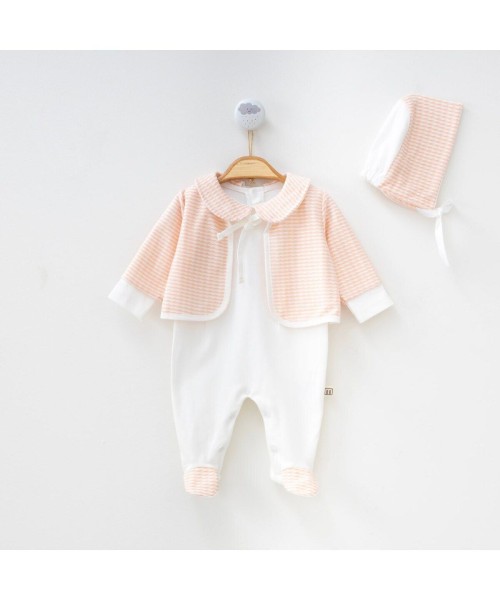 Yeni Doğan Kız Bebek Hırkalı Patikli Alttan Çıtçıtlı Pamuklu Tulum Hastane Çıkışı Özel Gün Set (Somon)