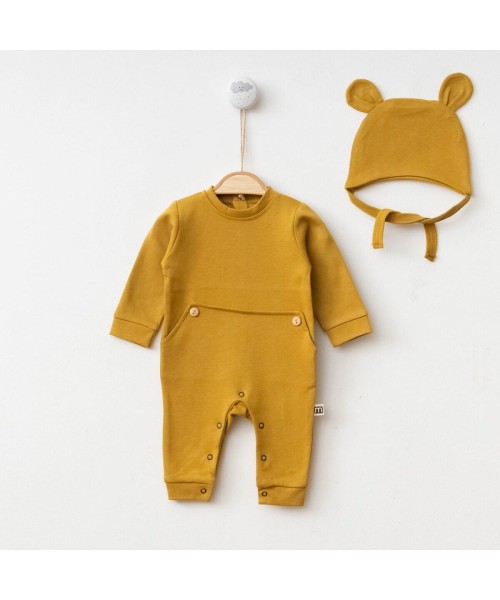 Yeni Doğan Kız ve Erkek Bebek Sevimli Ayıcık Şapka Tasarım Pamuklu Tulum Hastane Çıkışı Mevlüt Hediye (Hardal)