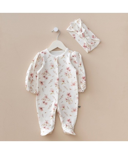 Lavinia Kız Bebek Yeni Doğan Karpuz Kol Bandanalı Tulum Takım Pamuklu Hastane Çıkışı (Pembe Çiçek)