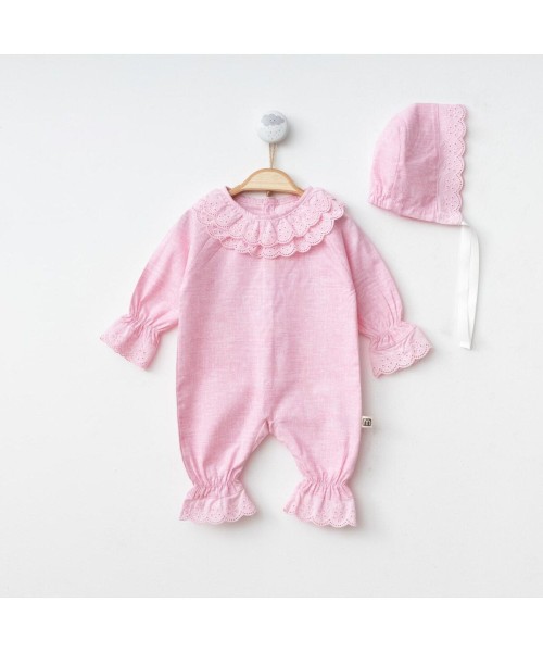 Rosa Kız Bebek Yeni Doğan Lora Şapkalı Dokuma Tulum Set Pamuklu Hastane Çıkışı (Pembe)