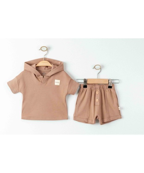 Yenidoğan Unisex Organik Bebek Takımı Kapüşonlu Pamuklu Kısa Kollu Şortlu Alt Üst 2