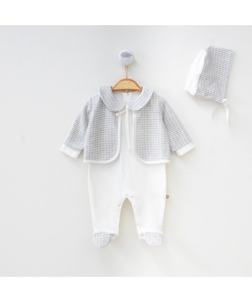 Yeni Doğan Kız Bebek Hırkalı Patikli Alttan Çıtçıtlı Pamuklu Tulum Hastane Çıkışı Özel Gün Set (Gri)