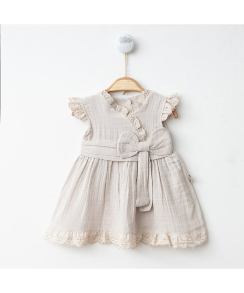 Kız Bebek Pamuklu Müslin Kruvaze Yaka Güpür Detaylı Yazlık Elbise Özel Gün (Taş)