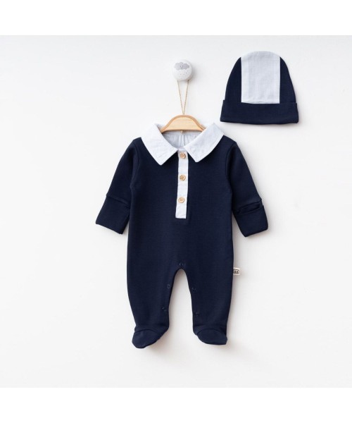 Yenidoğan Pamuklu Erkek Bebek Tulum Set Tahta Düğmeli Pötikare Detaylı Yaka Patikli Bebek Takımı