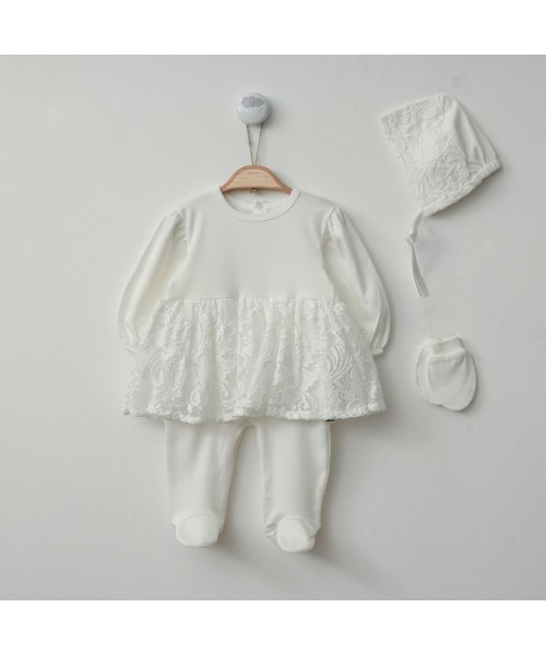 Yenidoğan Kız Bebek Mevlüt Takımı Pamuklu Özel Gün Kıyafeti Bebek Doğum Hediyesi Hastane Çıkışı Ekru