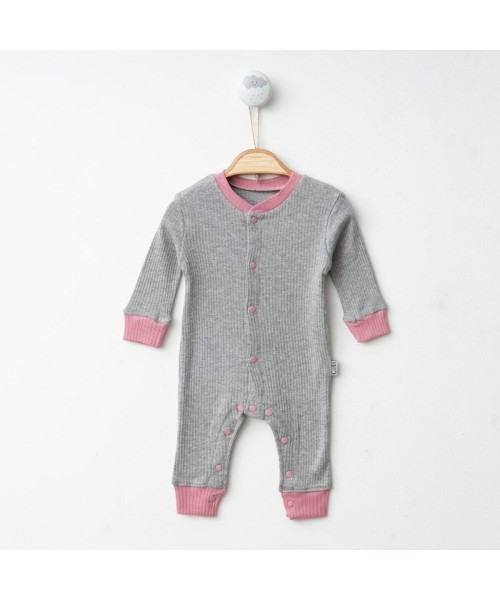 Yeni Doğan Kız Bebek Yazlık Tulum Hastane Çıkışı Önden Çıtçıtlı Uzun Kollu Bebek Tulumu (Gri Pembe)