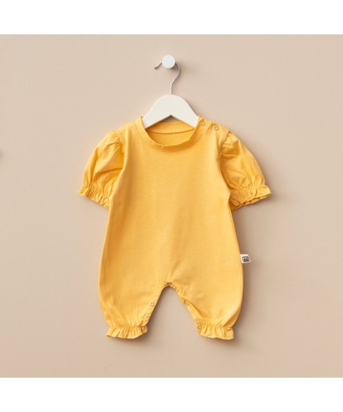 Yeni Doğan Kız Bebek Pamuklu Yazlık Tulum Kısa Kollu Kısa Bacaklı Tasarım Alttan Ve Omuzdan Çıtçıtlı (Sarı)