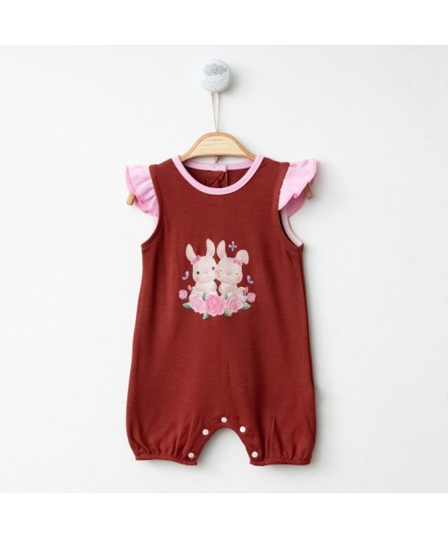 Yenidoğan Kız Bebek Yazlık Kısa Şort Penye Tulum Eğlenceli Baskılı Sırt Detayı Çıtçıtlı Askılı Tulum