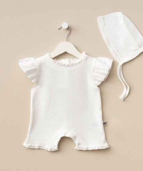 Liona Kız Bebek Yeni Doğan Pamuklu Lora Şapkalı Waffle Dokulu Yazlık Tulum Set (Ekru)