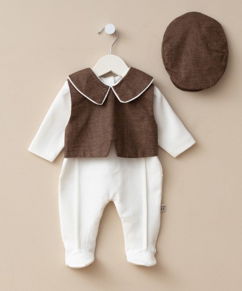 Yeni Doğan Erkek Bebek Özel Gün Tulum Takım Şapkalı, Pamuklu, Yelekli 3lü Set Hastane Çıkışı (Kahve)